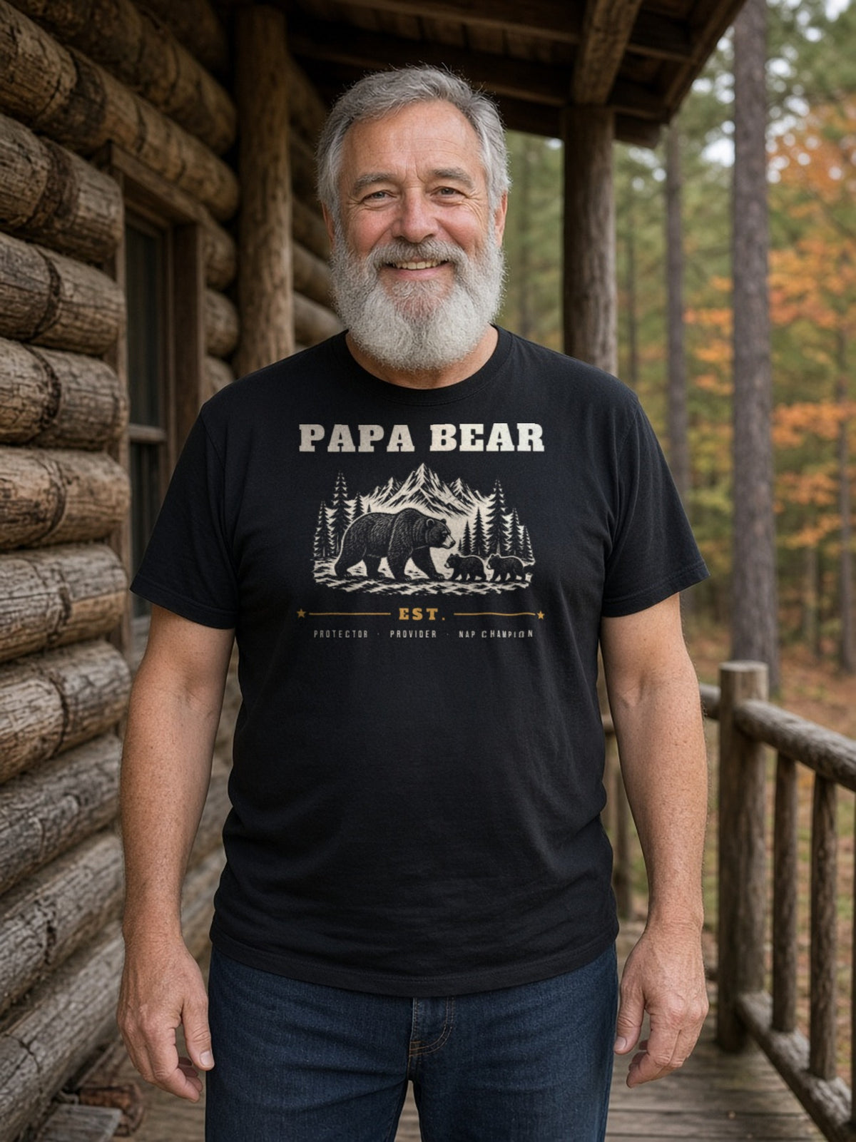 Papa Bear Woodcut Tee - Black