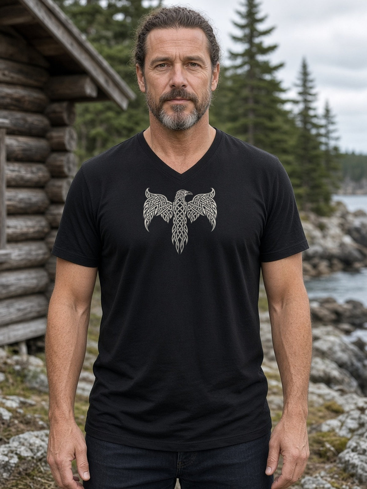 Knotwork Raven Norse Art V-Neck Tee (Poly Blend) - Black