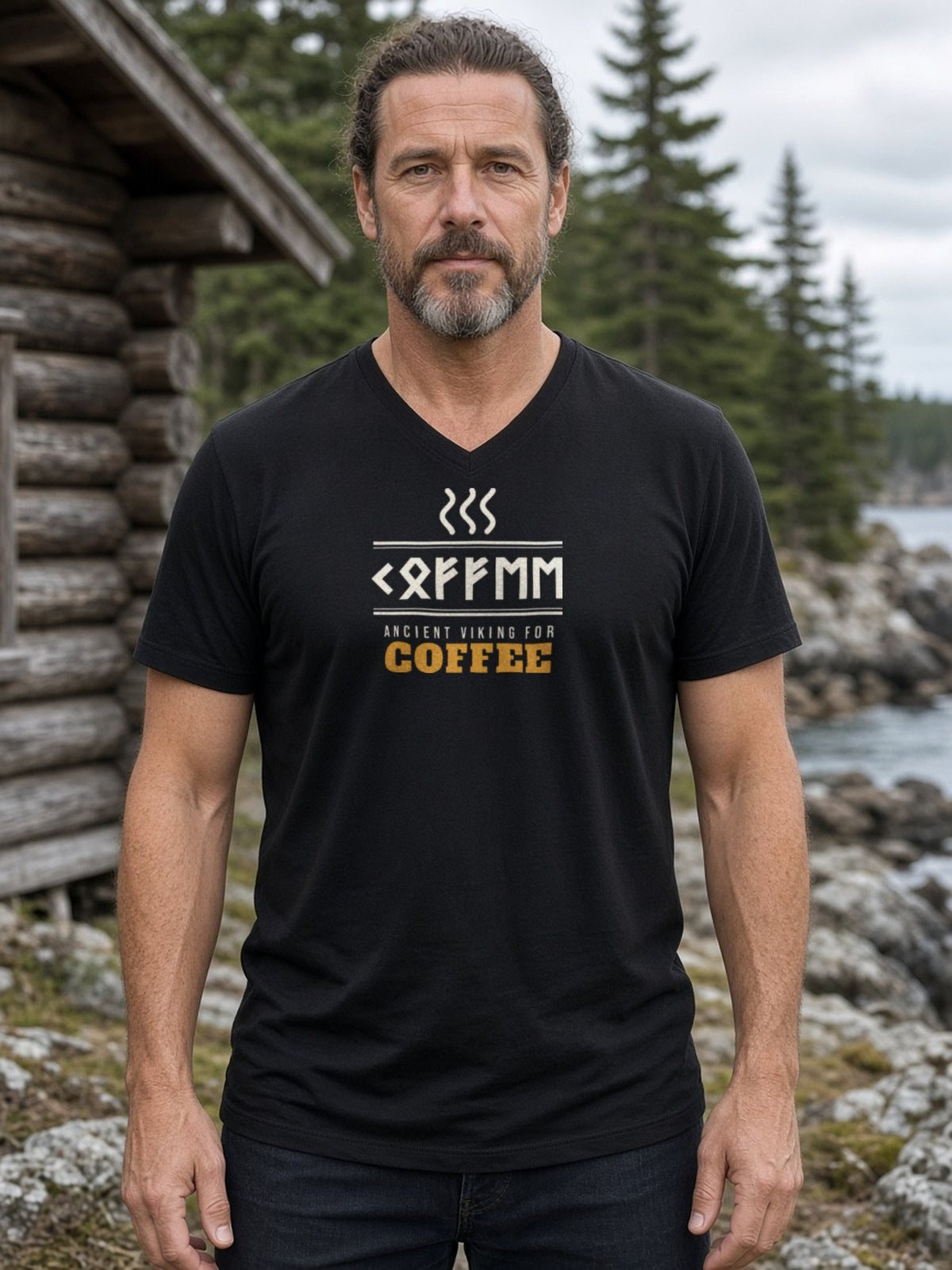 Ancient Viking for Coffee Rune V-Neck Tee (Poly Blend) - Black