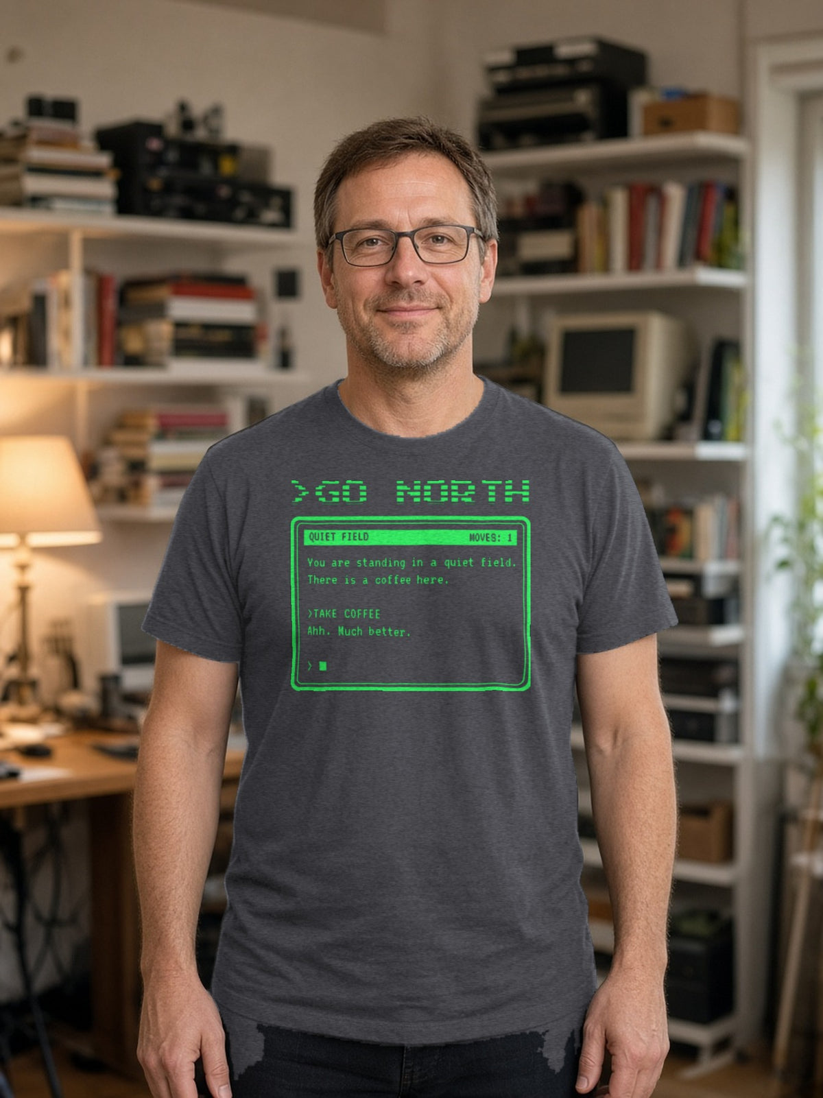 >GO NORTH Retro Text Adventure Tee - Dark Grey Heather