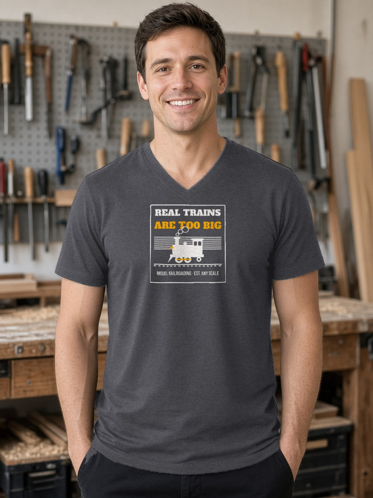 Real Trains Were Too Big V-Neck Tee - Dark Grey Heather