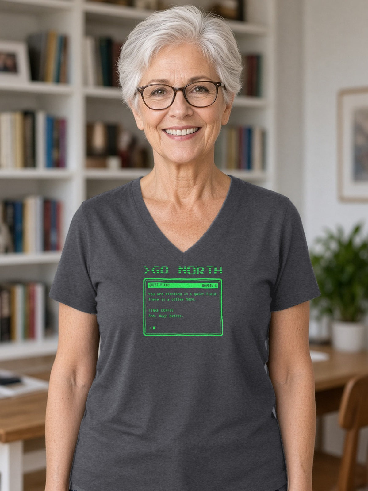 >GO NORTH Retro Text Adventure V-Neck Tee - Dark Grey Heather