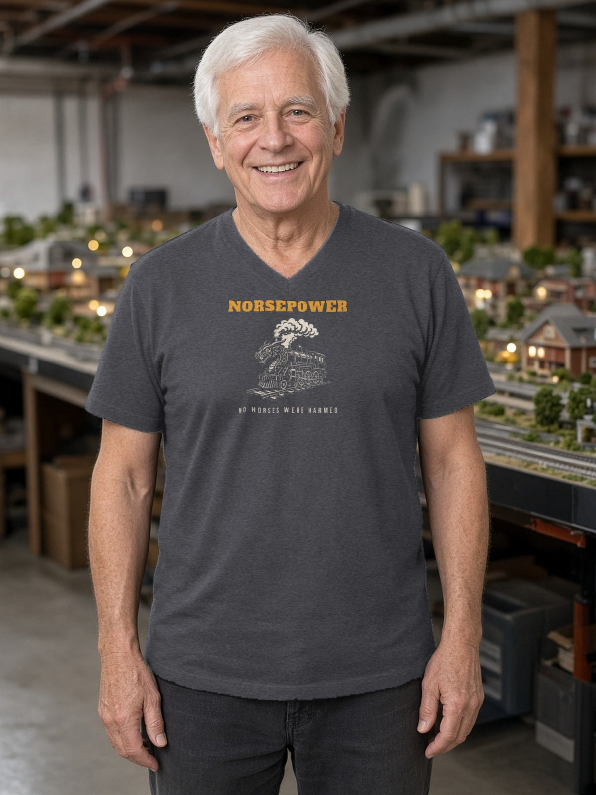 NORSEPOWER Dragon Steam Locomotive V-Neck Tee - Dark Grey Heather