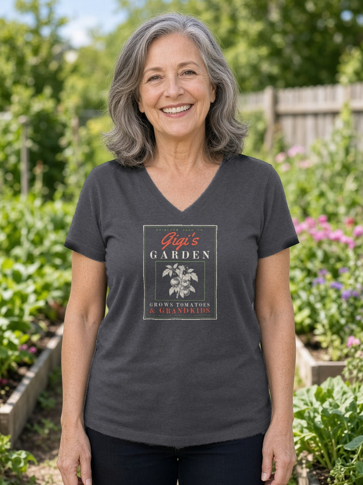 Gigi's Garden Seed Packet V-Neck Tee - Dark Grey Heather
