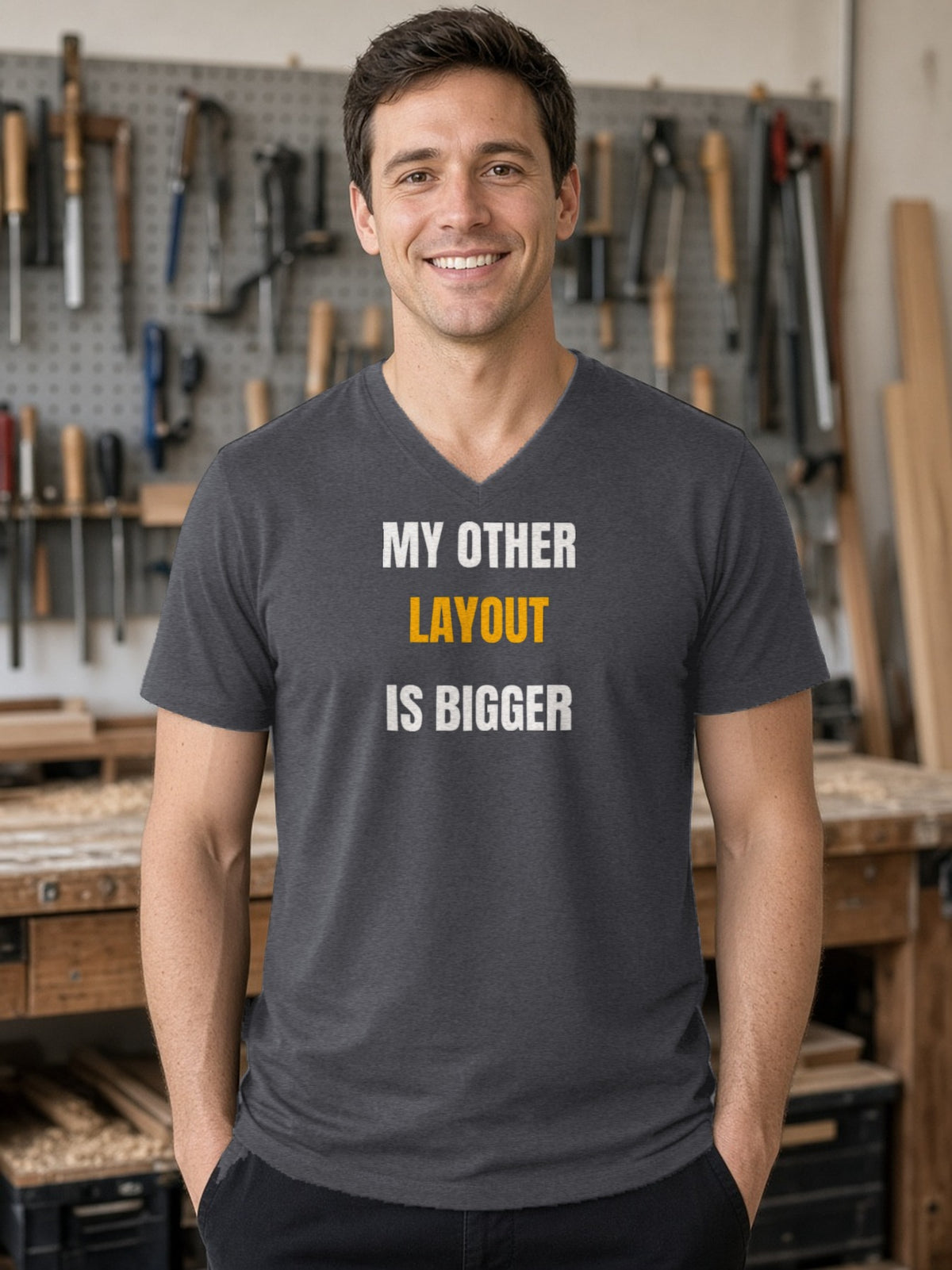 My Other Layout Is Bigger V-Neck Tee - Dark Grey Heather
