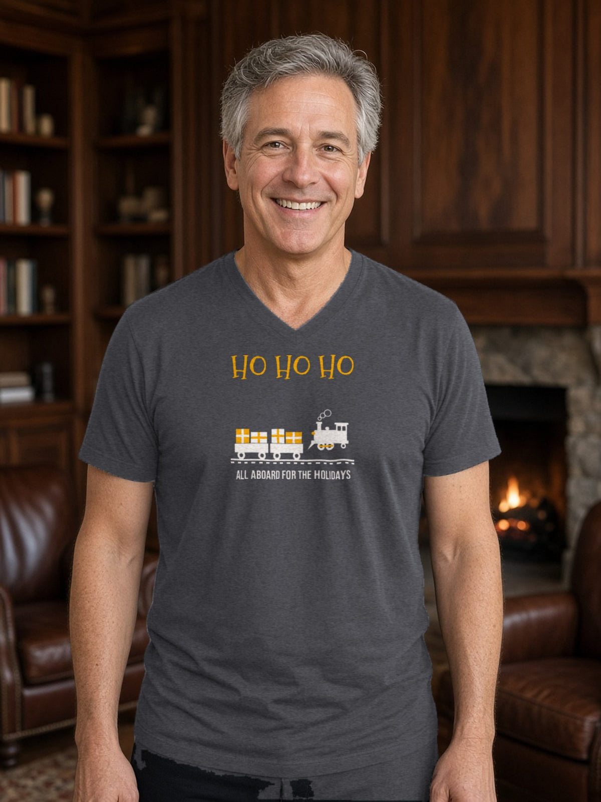 HO HO HO Model Railroad V-Neck Tee - Dark Grey Heather
