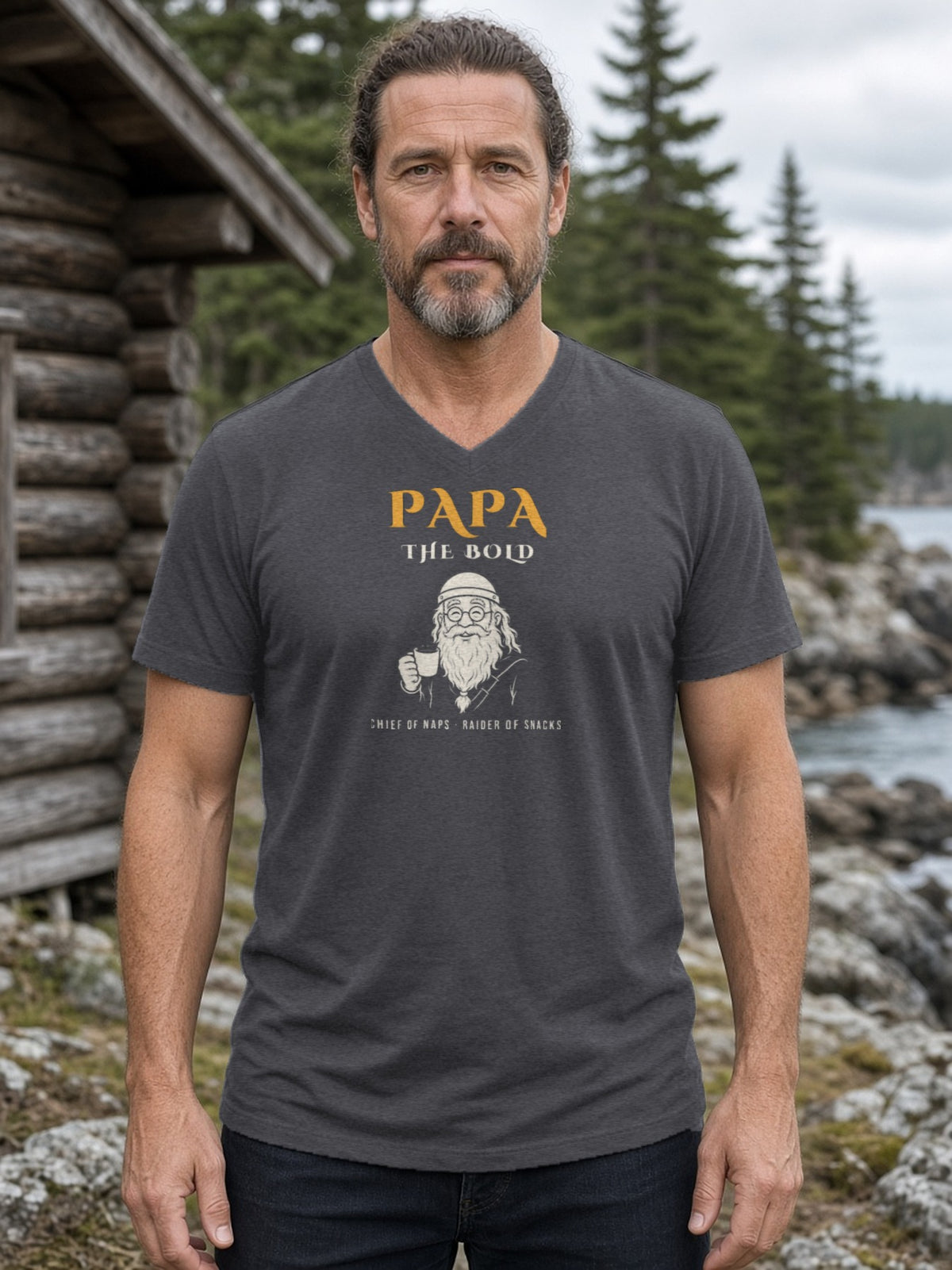 Papa the Bold Viking Grandpa V-Neck Tee - Dark Grey Heather