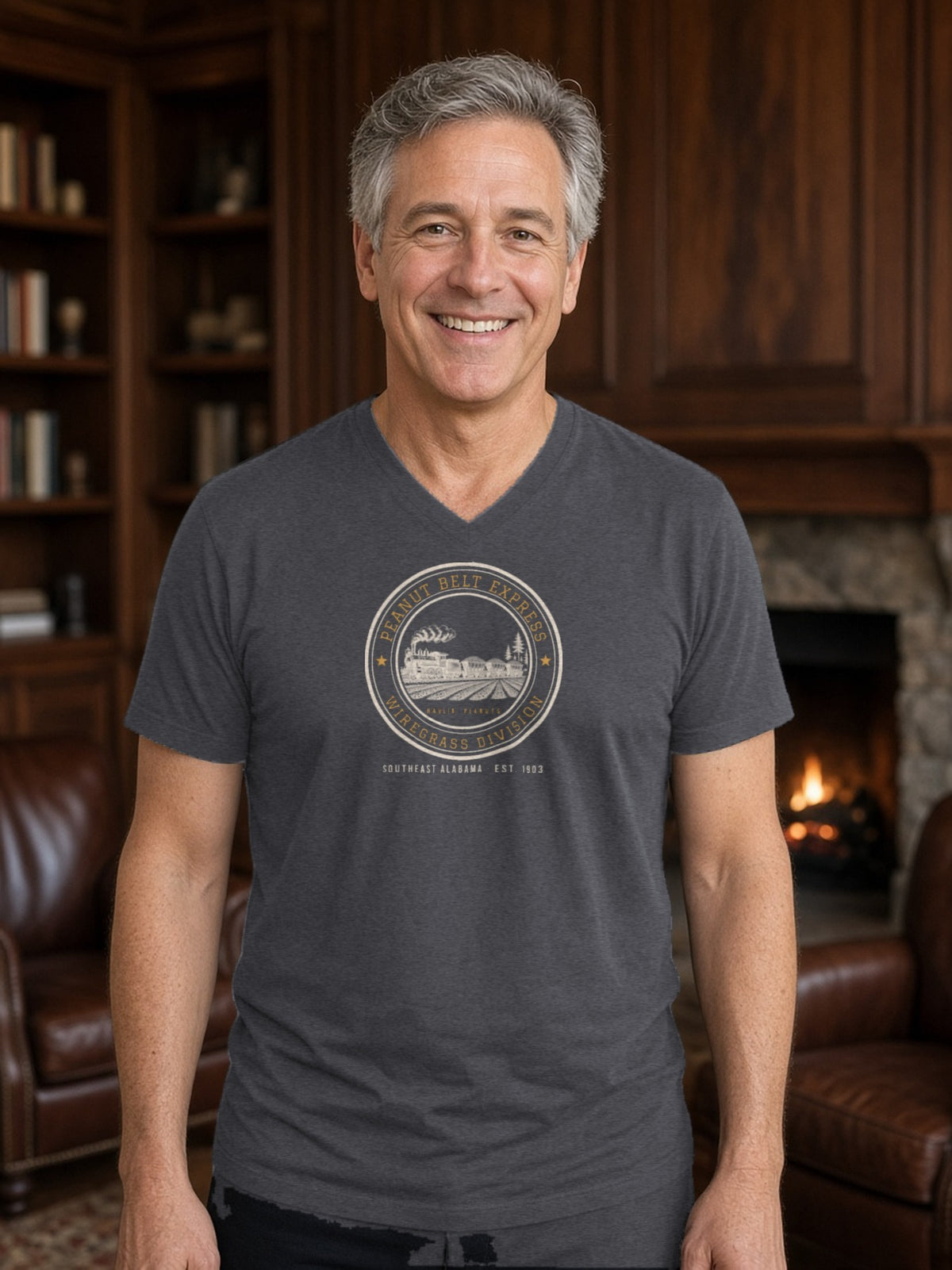 Peanut Belt Express Railroad Herald V-Neck Tee - Dark Grey Heather