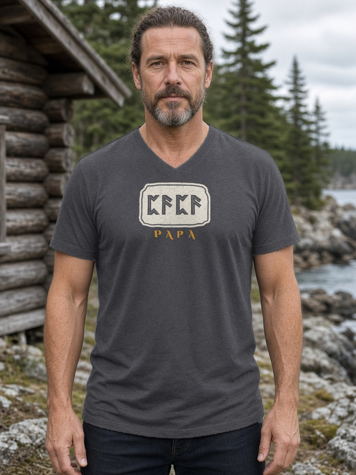PAPA in Runes Carved Stone V-Neck Tee - Dark Grey Heather