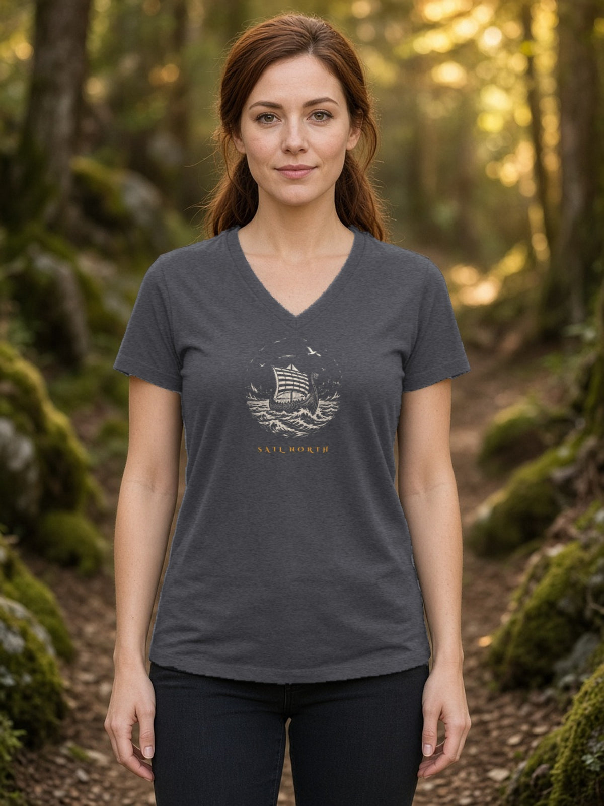 Sail North Longship Woodcut V-Neck Tee - Dark Grey Heather