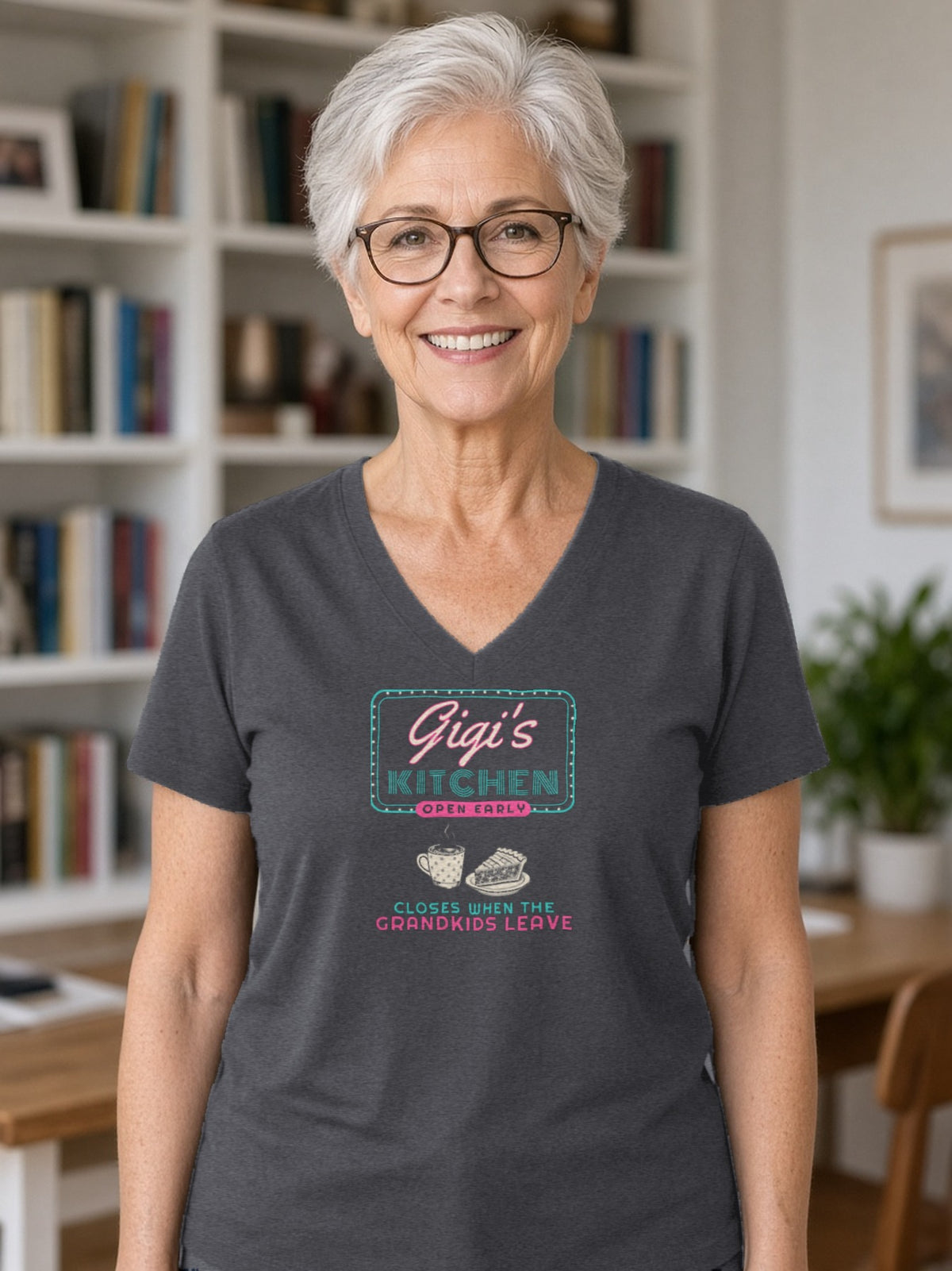 Gigi's Kitchen Retro Diner Sign V-Neck Tee - Dark Grey Heather