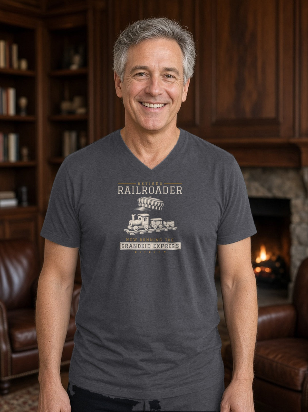 Retired Railroader Grandkid Express V-Neck Tee - Dark Grey Heather