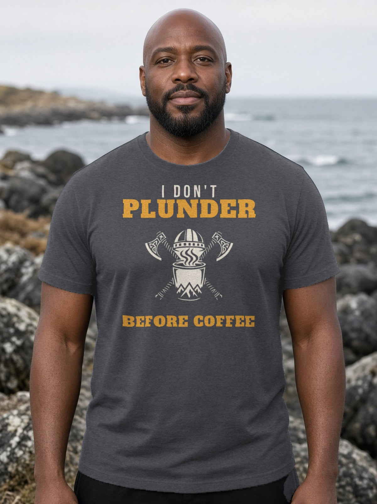 I Don't Plunder Before Coffee Viking Tee - Dark Grey Heather