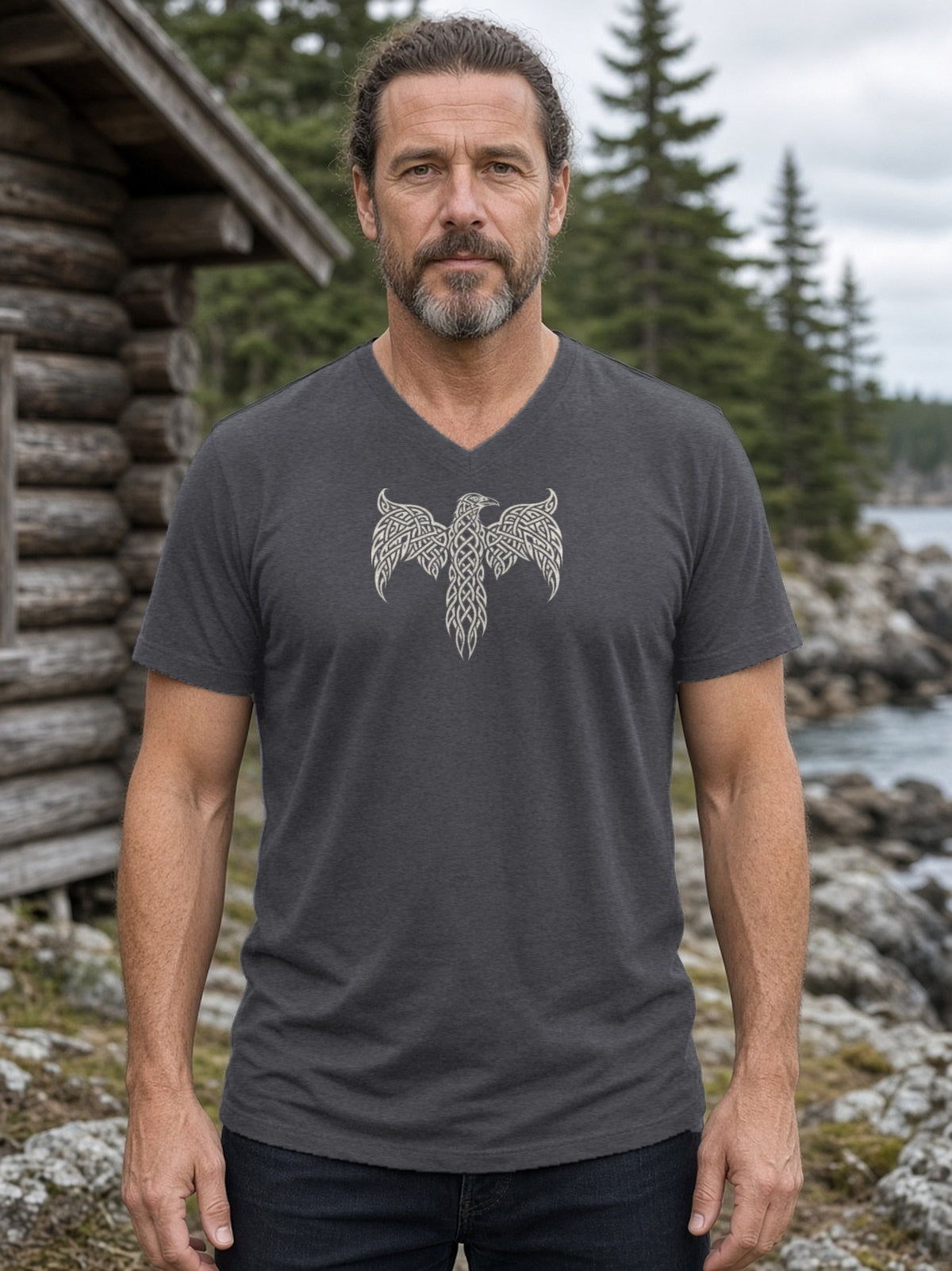 Knotwork Raven Norse Art V-Neck Tee - Dark Grey Heather
