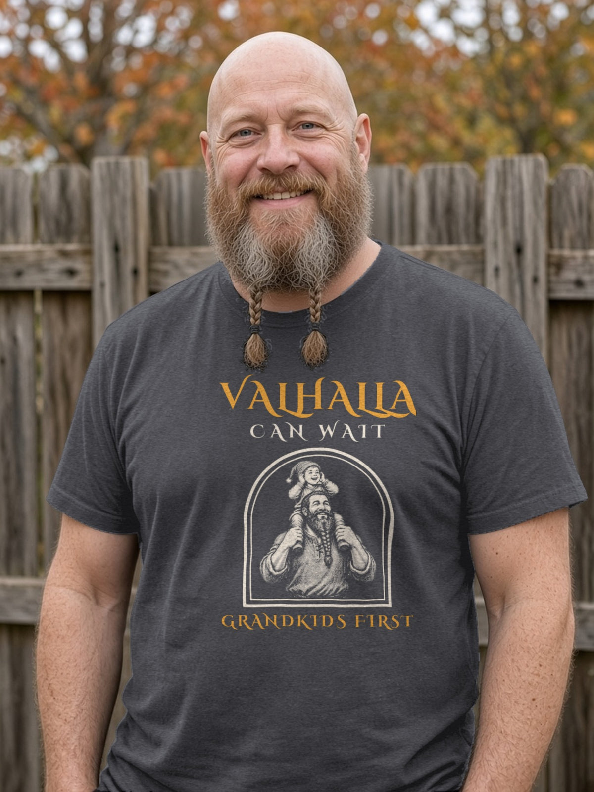Valhalla Can Wait, Grandkids First Viking Tee - Dark Grey Heather