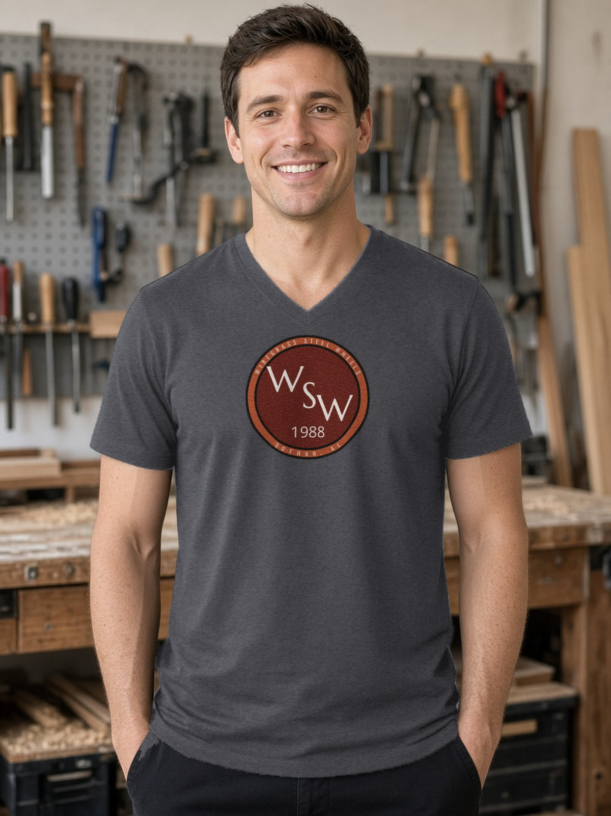 Wiregrass Steel Wheels V-Neck Tee - Dark Grey Heather