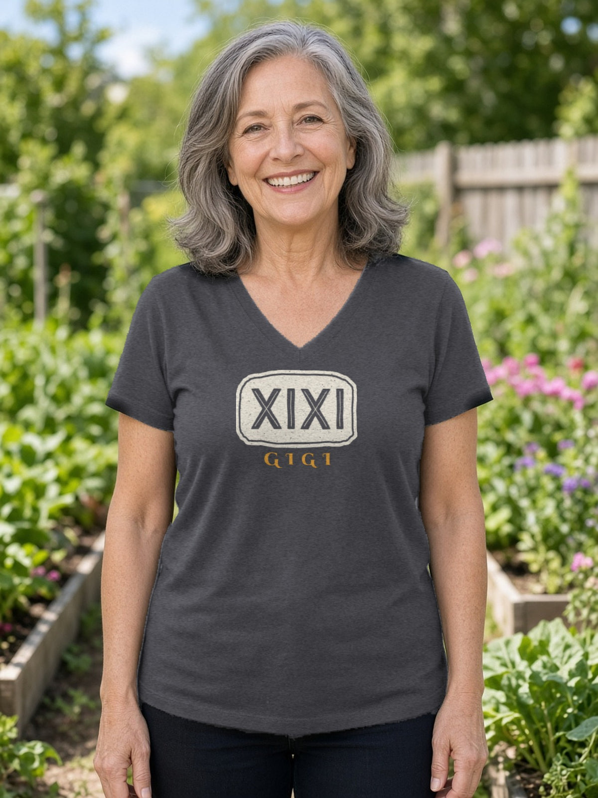 GIGI in Runes Carved Stone V-Neck Tee - Dark Grey Heather
