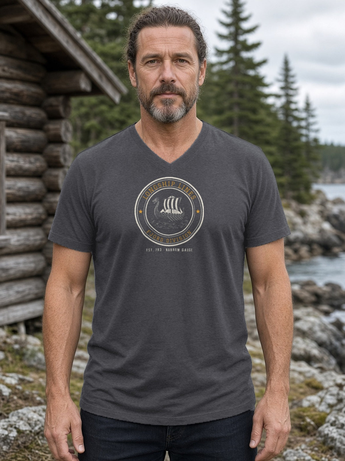 Longship Lines Railroad Herald V-Neck Tee - Dark Grey Heather