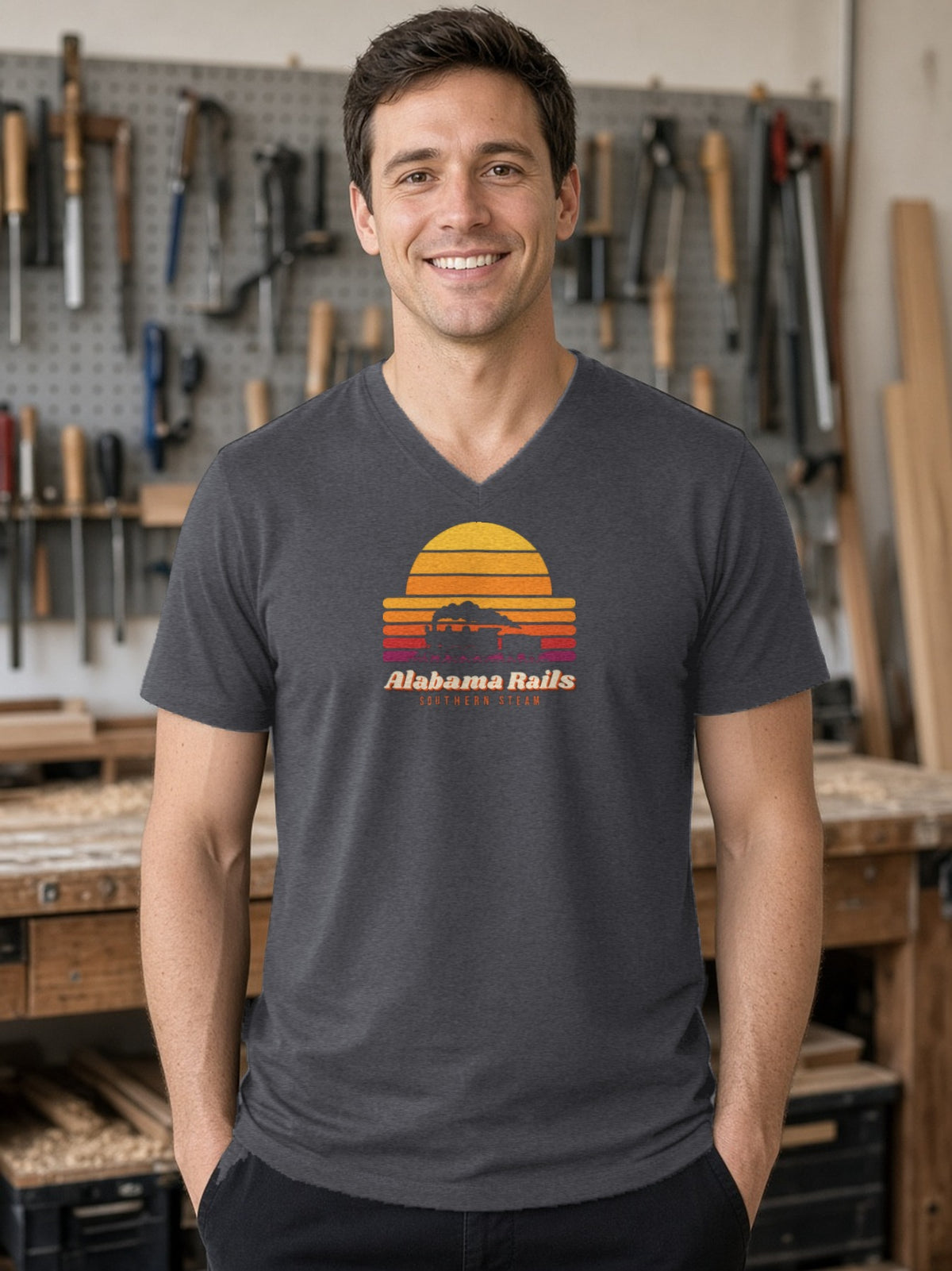 Southern Steam Sunset Alabama Rails V-Neck Tee - Dark Grey Heather