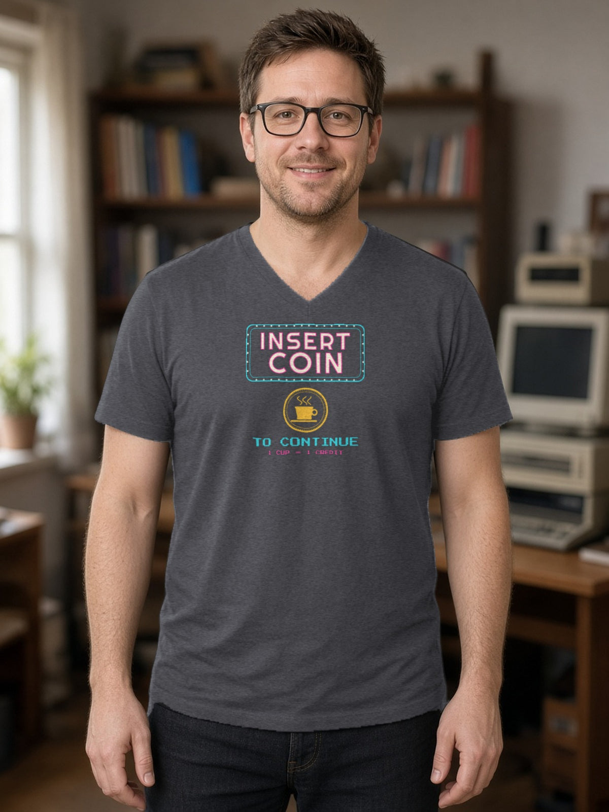 Insert Coin to Continue Coffee V-Neck Tee - Dark Grey Heather