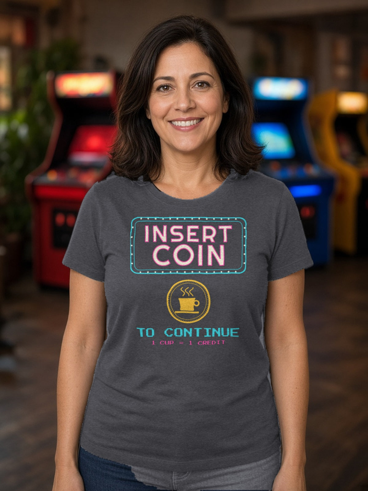 Insert Coin to Continue Coffee Tee - Dark Grey Heather
