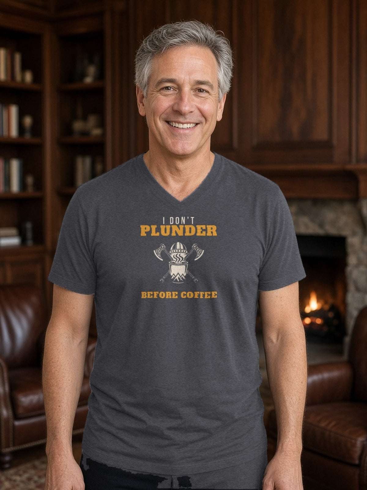 I Don't Plunder Before Coffee Viking V-Neck Tee - Dark Grey Heather