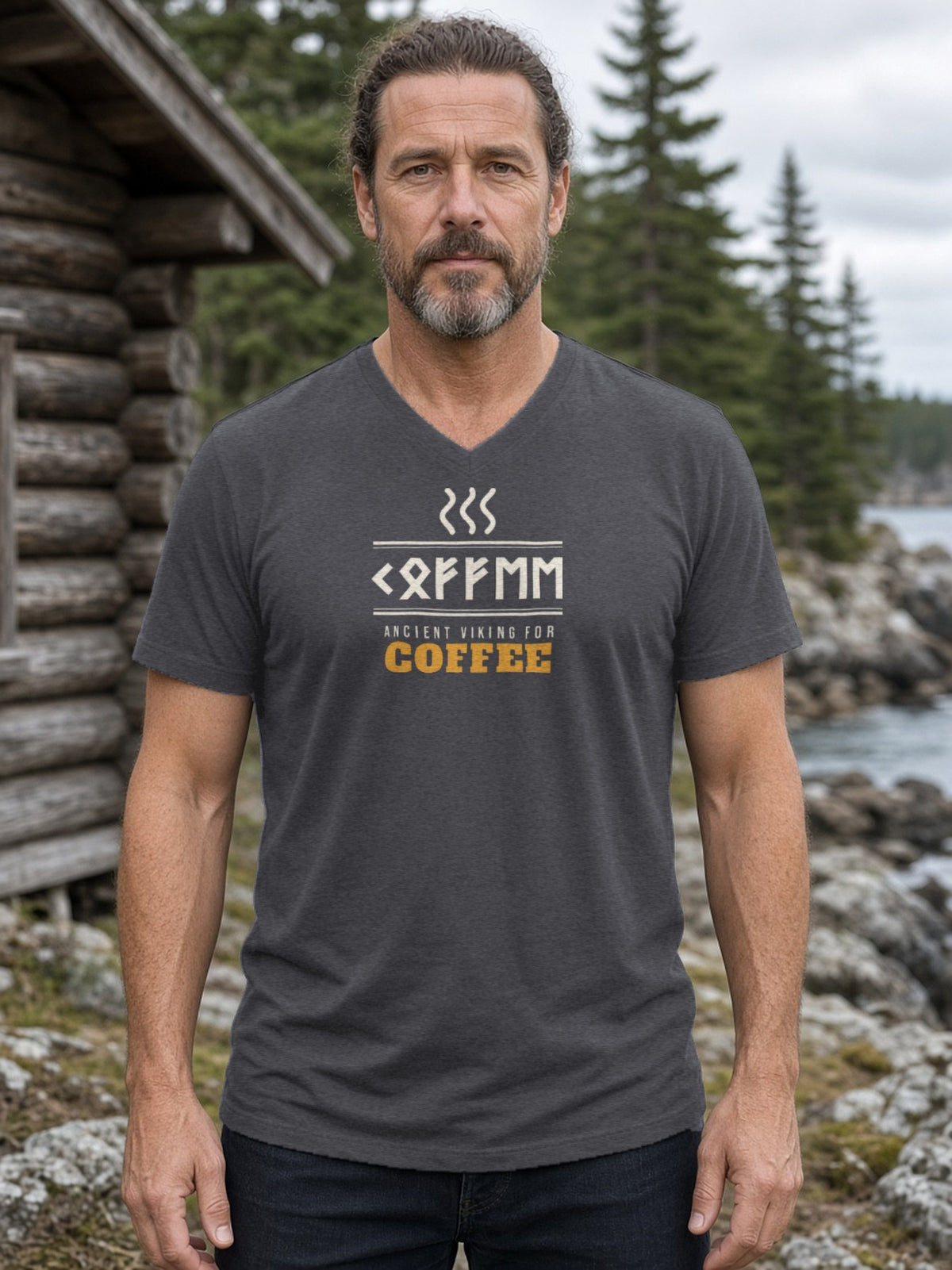 Ancient Viking for Coffee Rune V-Neck Tee - Dark Grey Heather
