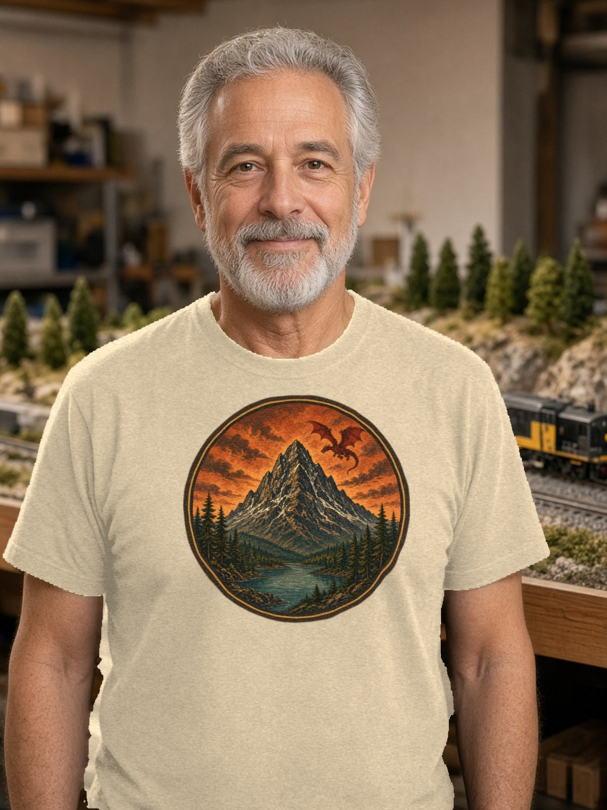 Dragon Over Ember Peak Tee – Heather Sand Dune
