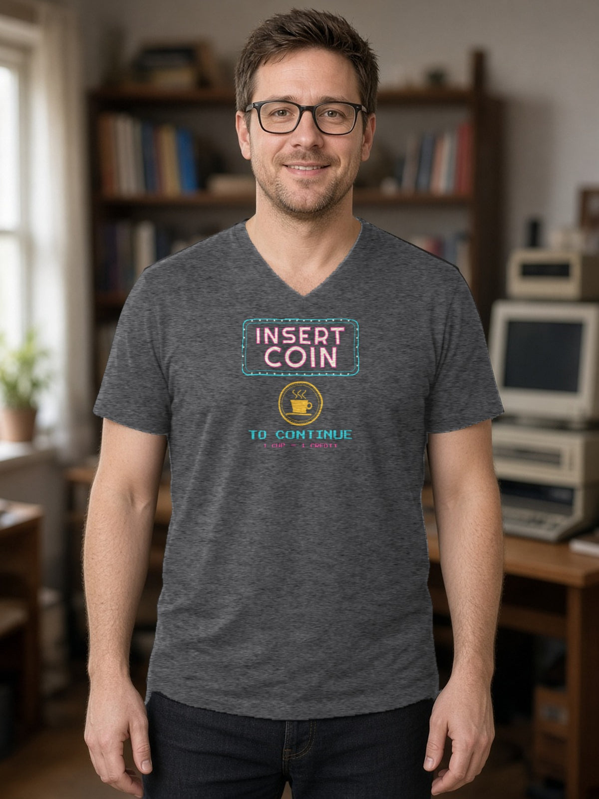 Insert Coin to Continue Coffee V-Neck Tee (Poly Blend) - Heather Charcoal