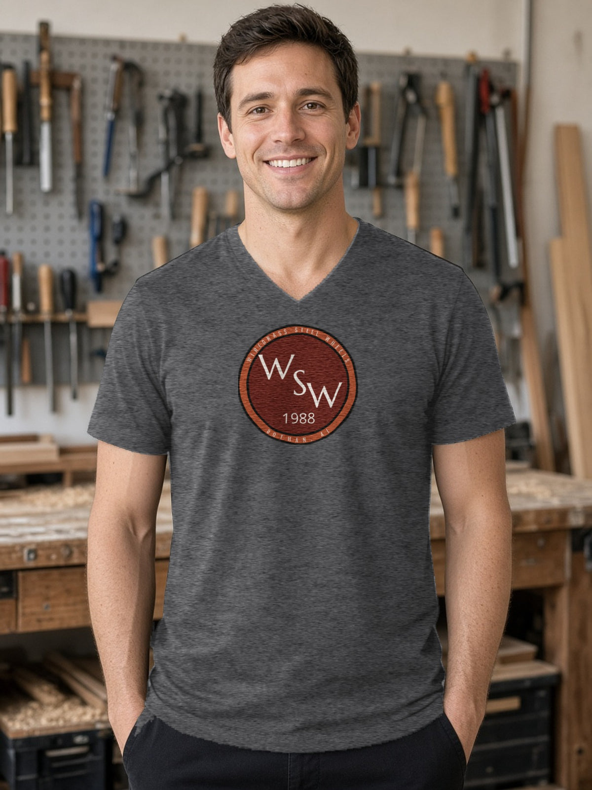 Wiregrass Steel Wheels V-Neck Tee (Poly Blend) - Heather Charcoal