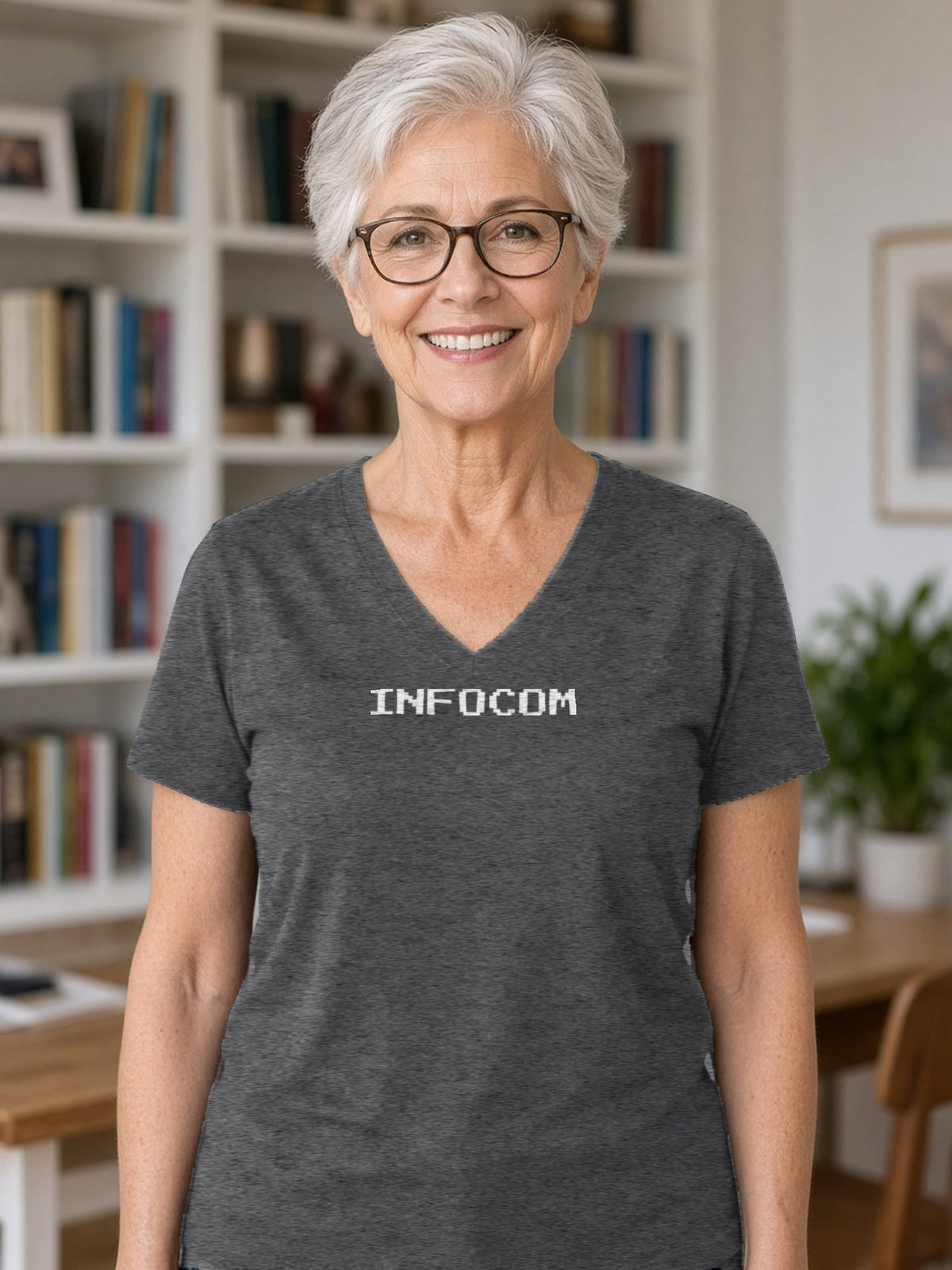 Infocom Retro Logo V-Neck Tee (Poly Blend) - Heather Charcoal
