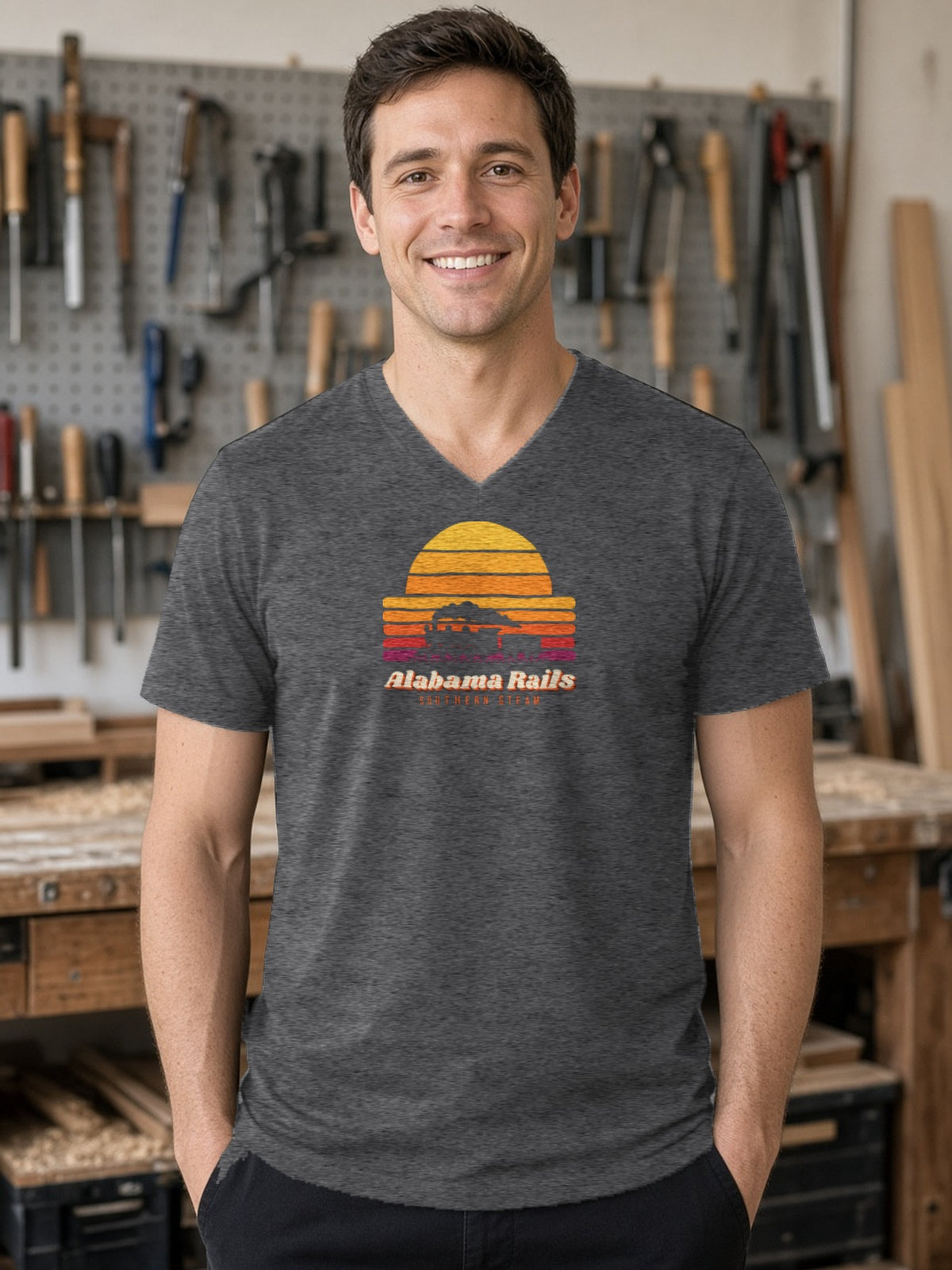 Southern Steam Sunset Alabama Rails V-Neck Tee (Poly Blend) - Heather Charcoal