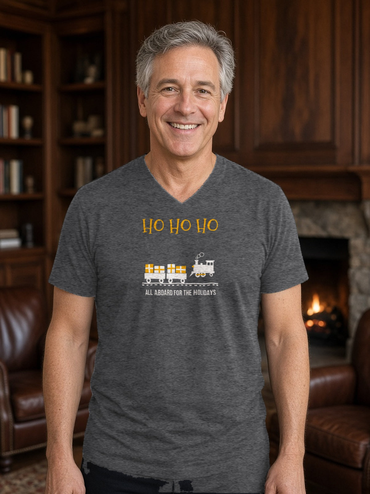 HO HO HO Model Railroad V-Neck Tee (Poly Blend) - Heather Charcoal