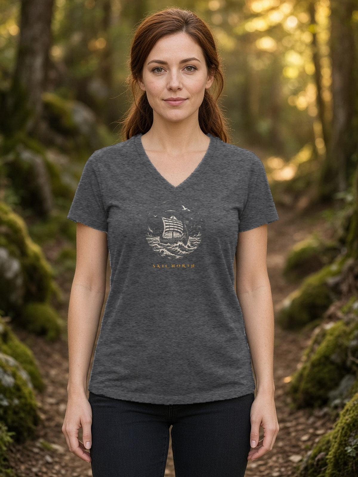 Sail North Longship Woodcut V-Neck Tee (Poly Blend) - Heather Charcoal