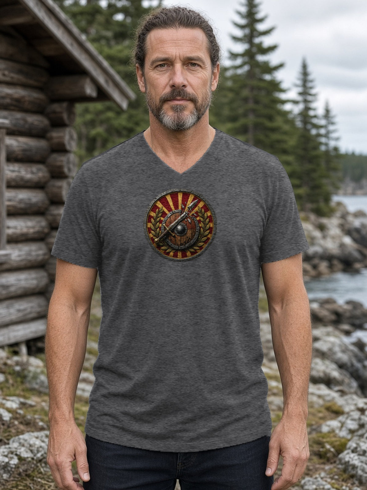 Broken Blade Crest V-Neck Tee (Poly Blend) - Heather Charcoal