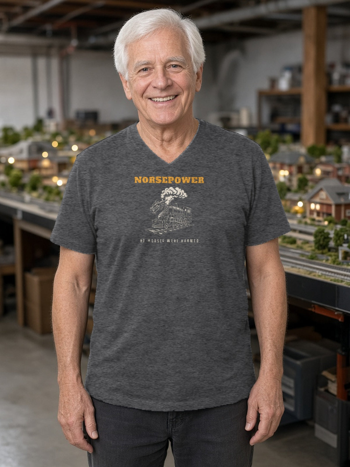 NORSEPOWER Dragon Steam Locomotive V-Neck Tee (Poly Blend) - Heather Charcoal