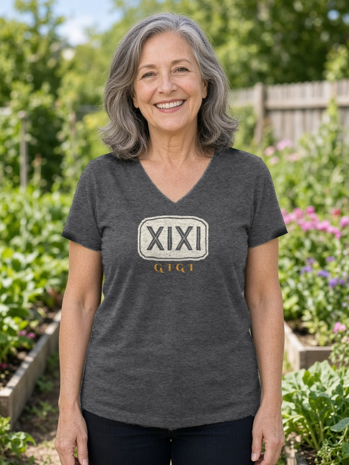 GIGI in Runes Carved Stone V-Neck Tee (Poly Blend) - Heather Charcoal