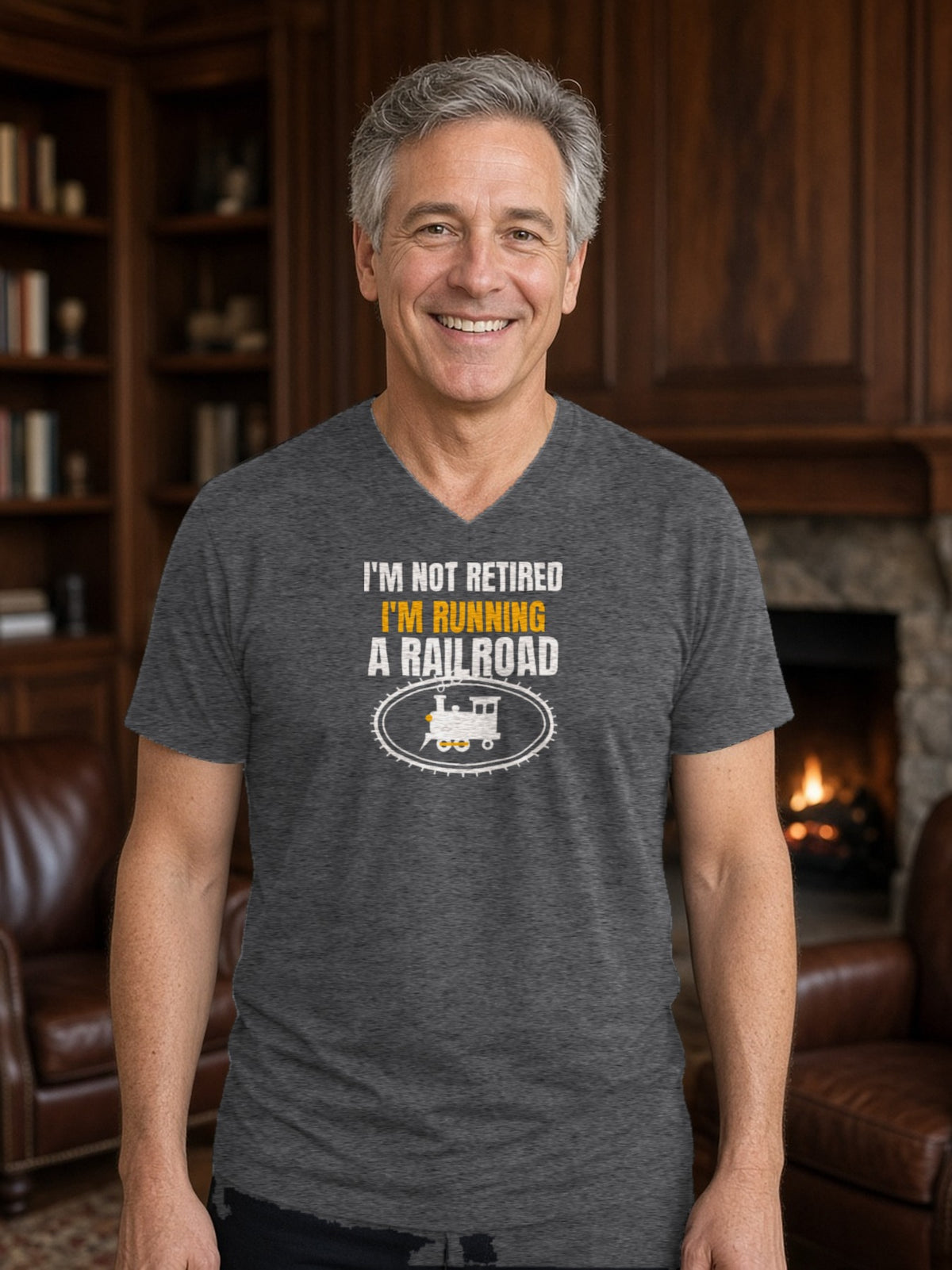 Not Retired, Just Model Railroading Full Time V-Neck Tee (Poly Blend) - Heather Charcoal