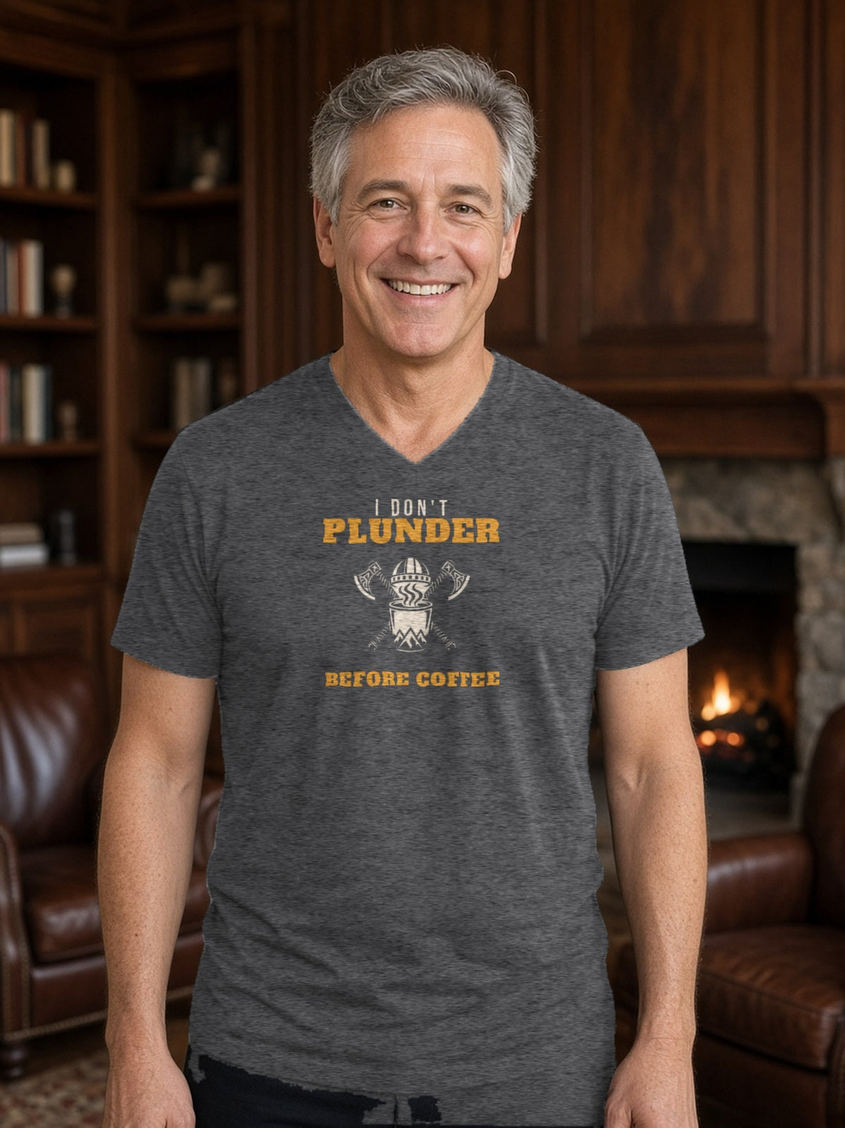 I Don't Plunder Before Coffee Viking V-Neck Tee (Poly Blend) - Heather Charcoal