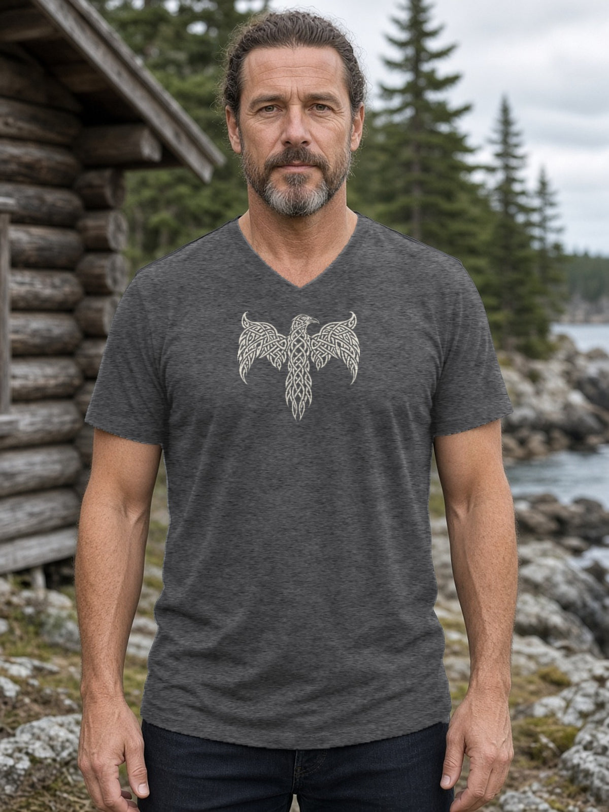 Knotwork Raven Norse Art V-Neck Tee (Poly Blend) - Heather Charcoal