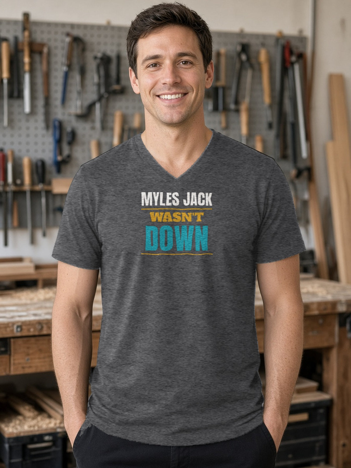 MYLES JACK WASN'T DOWN V-Neck Tee (Poly Blend) - Heather Charcoal