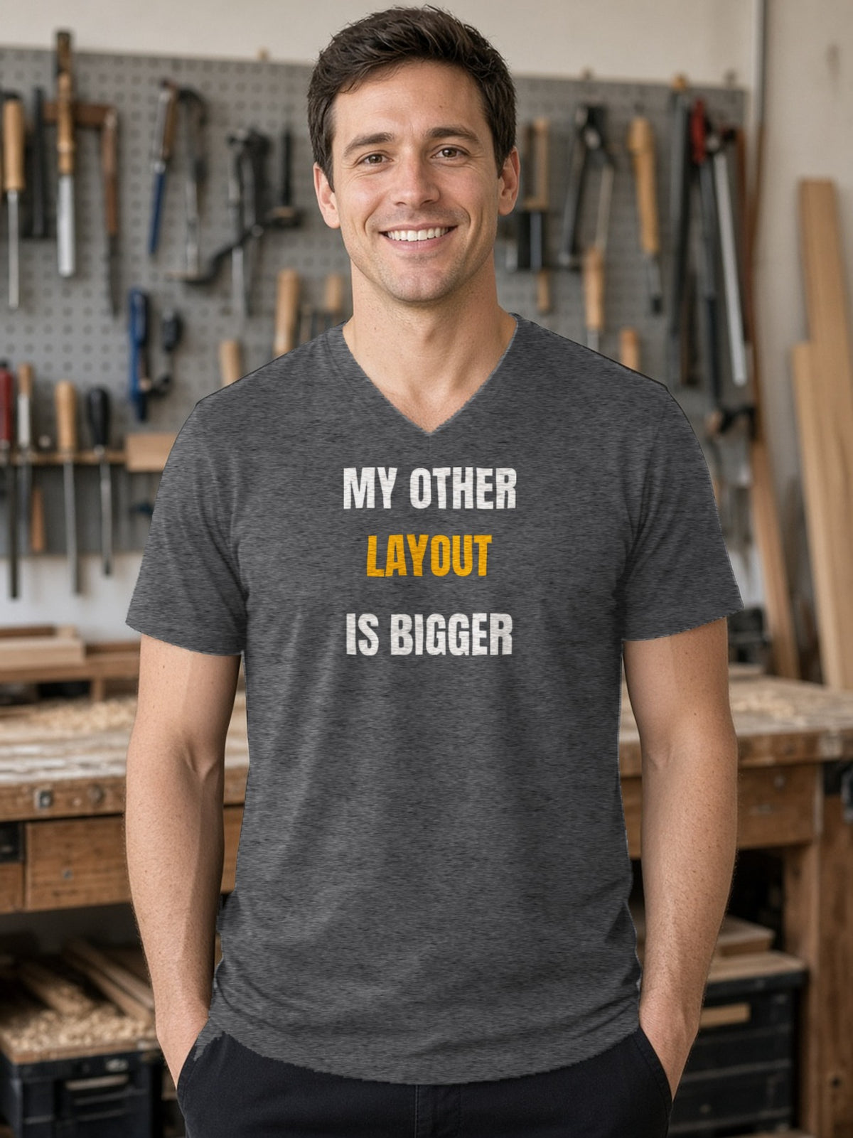 My Other Layout Is Bigger V-Neck Tee (Poly Blend) - Heather Charcoal