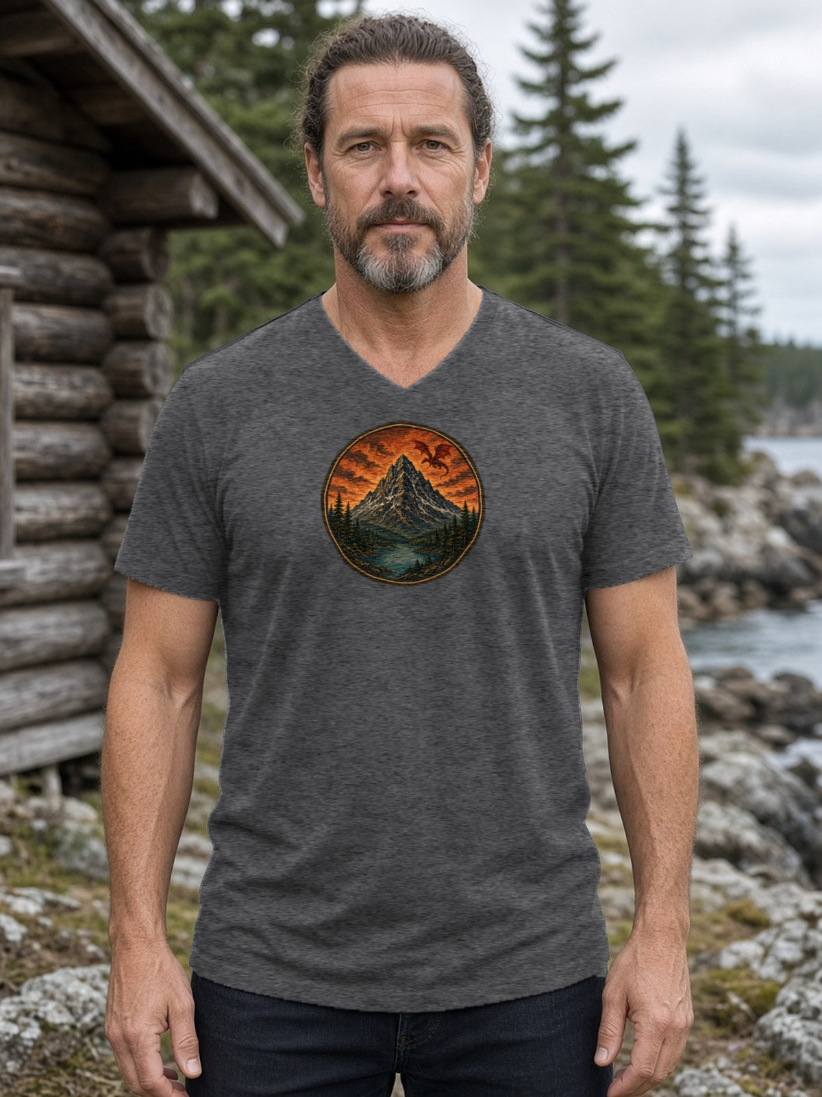 Dragon Over Ember Peak V-Neck Tee (Poly Blend) - Heather Charcoal
