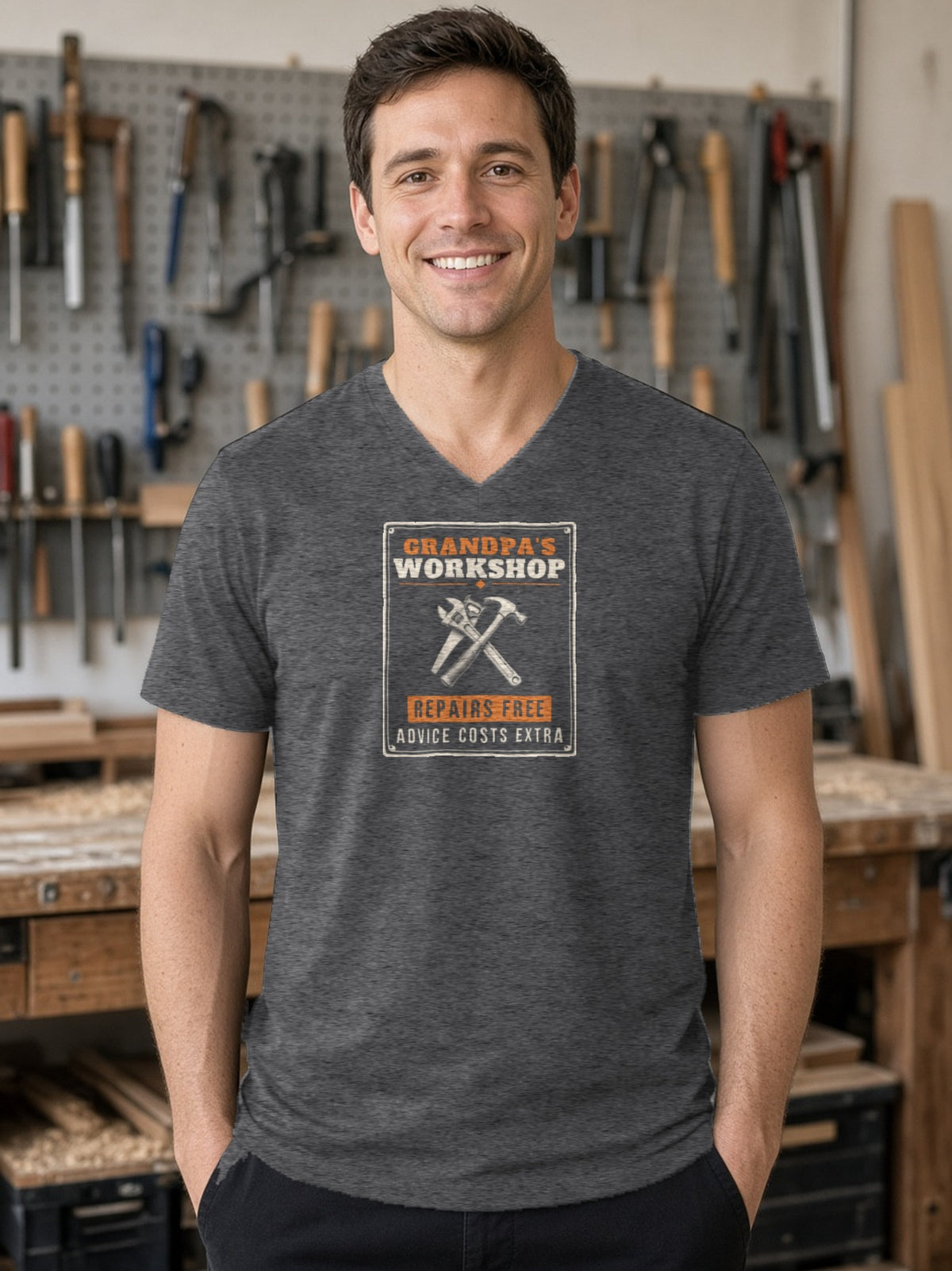 Grandpa's Workshop Tin Sign V-Neck Tee (Poly Blend) - Heather Charcoal
