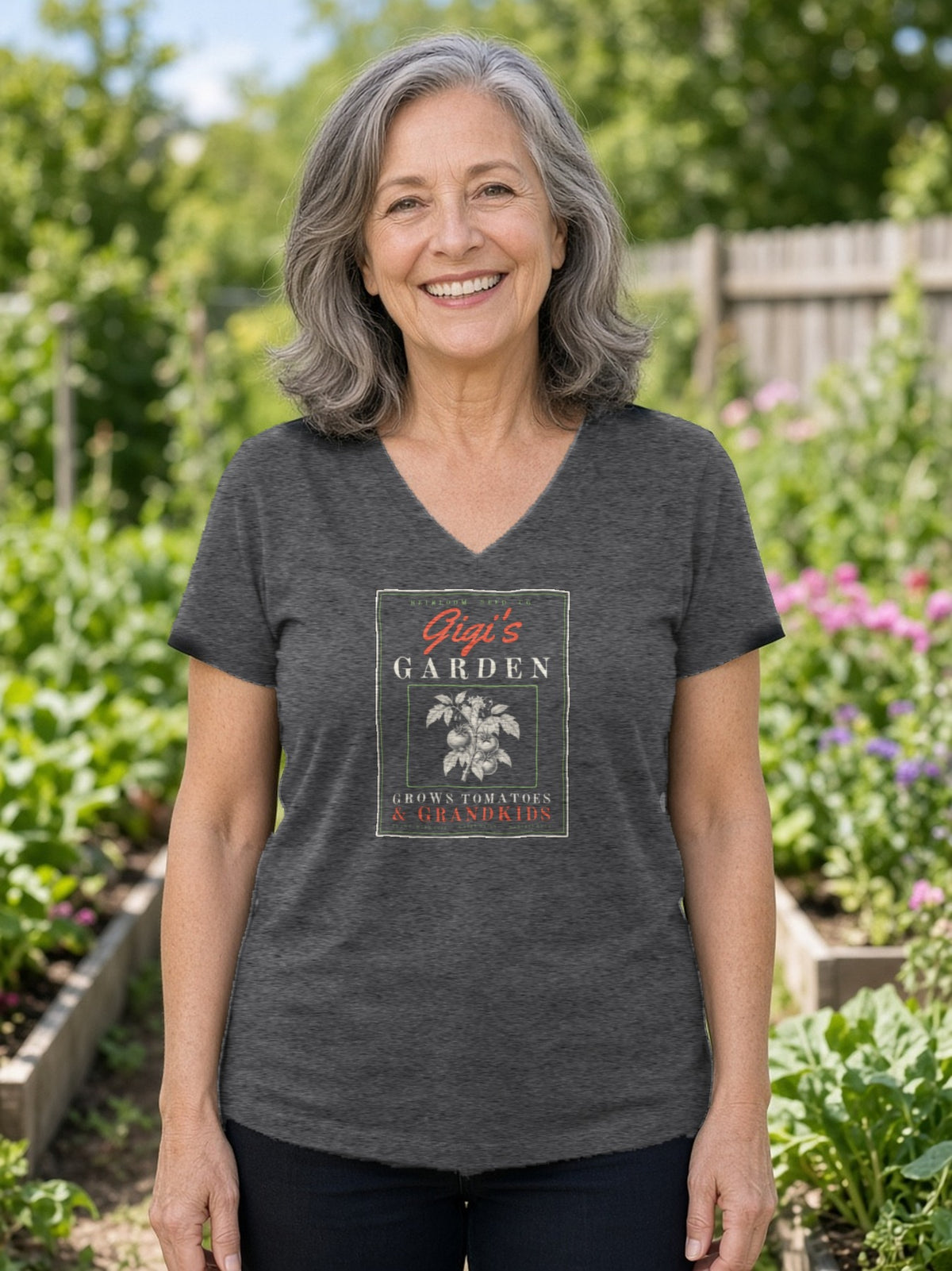 Gigi's Garden Seed Packet V-Neck Tee (Poly Blend) - Heather Charcoal