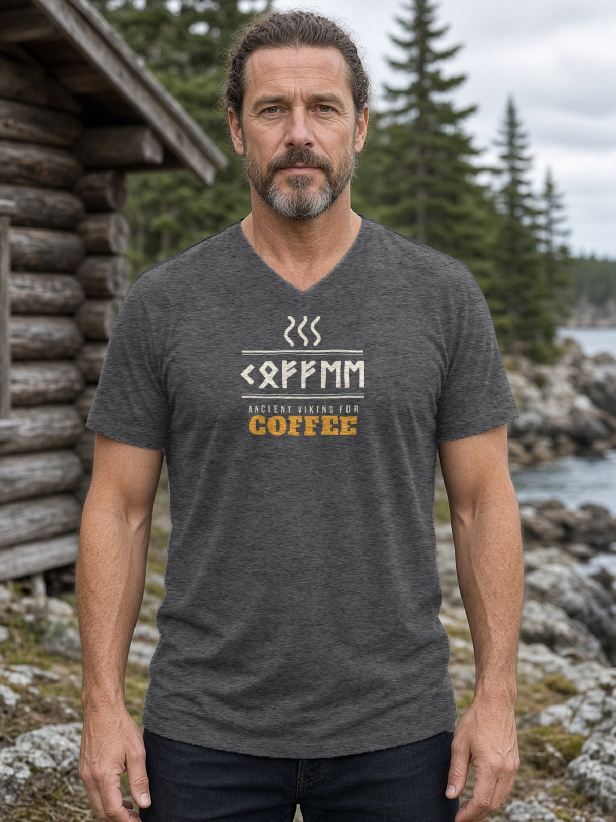 Ancient Viking for Coffee Rune V-Neck Tee (Poly Blend) - Heather Charcoal