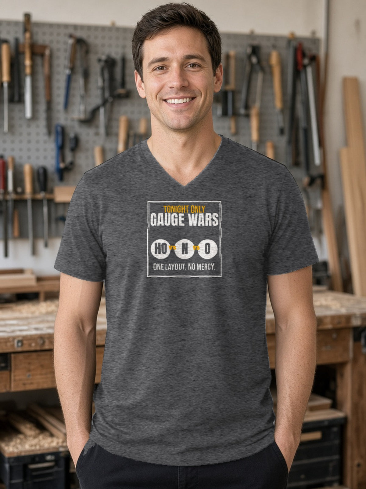 Gauge Wars V-Neck Tee (Poly Blend) - Heather Charcoal