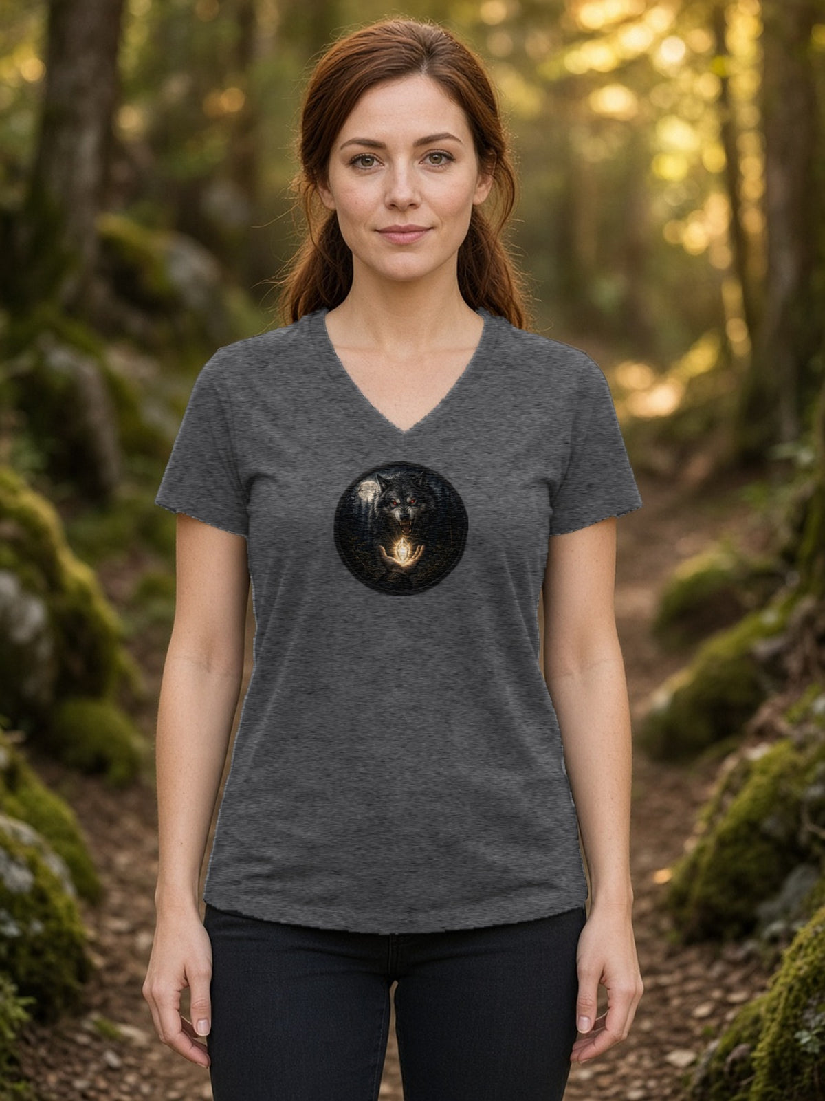 The Wolf and the Shining Gem V-Neck Tee (Poly Blend) - Heather Charcoal