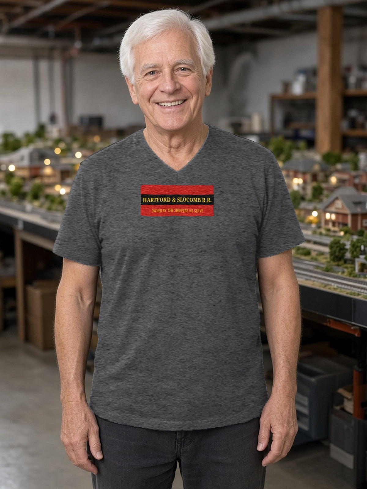 Hartford & Slocomb Railroad Heritage V-Neck Tee (Poly Blend) - Heather Charcoal