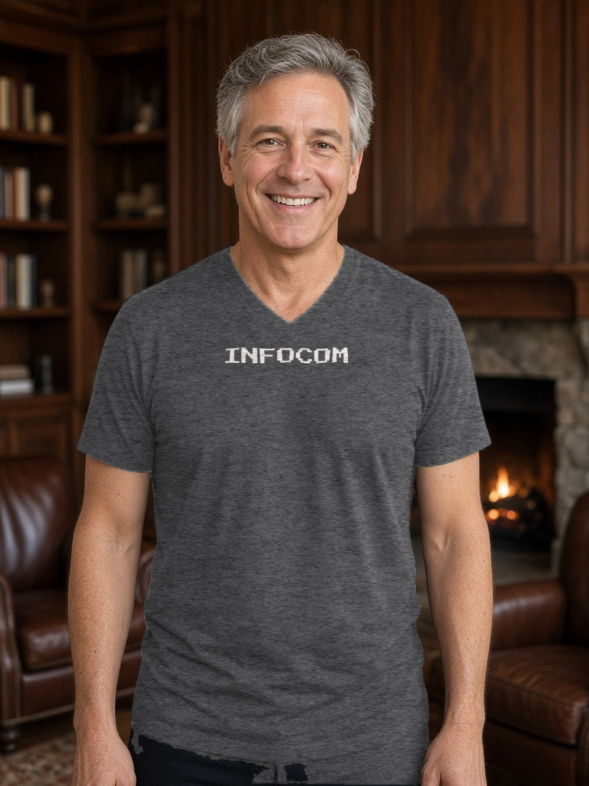 Infocom Babel Fish Retro V-Neck Tee (Poly Blend) - Heather Charcoal